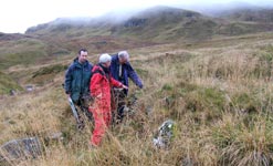 Derek Alexander of the National Trust for Scotland and Steve Boyle of the Royal Commission on Historic Monuments show Aubrey Manning (right) the remains of a Shieling site on the slopes of Ben Lawers.
