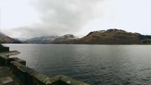 View across Loch Katrine from water inlets..