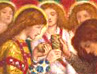 Painting titled 'How Sir Galahad, Sir Bors and Sir Perceval were fed with the Grael; but Sir Percival's sister died by the way' by Dante Gabriel Rossetti (1864)