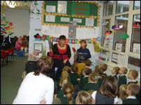 Year R hear a story at St Michaels.