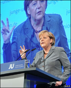German Chancellor Angela Merkel addresses a meeting of young Christian Democrats in Potsdam, 16 October