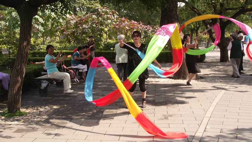 Women practising a ribbon dance.