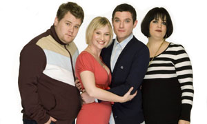 Gavin & Stacey: (L-R) Smithy (James Corden), Stacey (Joanna Page), Gavin (Mathew Horne) and Nessa (Ruth Jones)