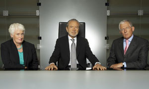 The Apprentice: (L-R) Margaret Mountford, Sir Alan Sugar and Nick Hewer