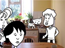 Alice, Helen, Tim and the cat in the kitchen