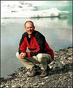 Hugh Deeming beside Jokullsarlon (the Bond Ice Palace lake in the south)