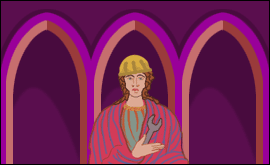Picture of a man wearing a hard hat and carrying a spanner in the style of a medieval manuscript