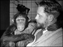 Gerald Durrell holding an ape