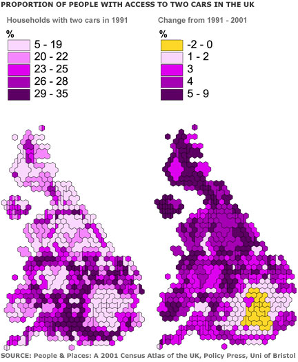 Maps of two car households and change in two car households in the UK