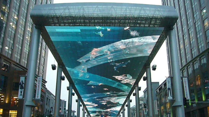 A giant overhead TV screen - Beijing.