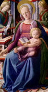 Mary, a seated woman with a disk of light encircling her head. She holds the baby Jesus on her lap