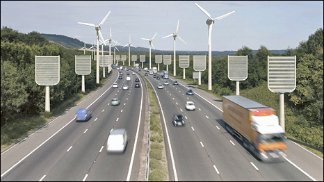 An artist's impression of artificial trees and wind turbines alongside a motorway