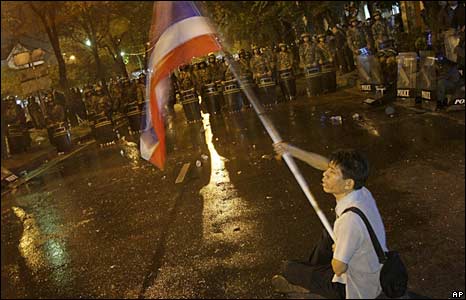 Một người biểu tình ủng hộ chính phủ giơ cờ trước mặt cảnh sát.