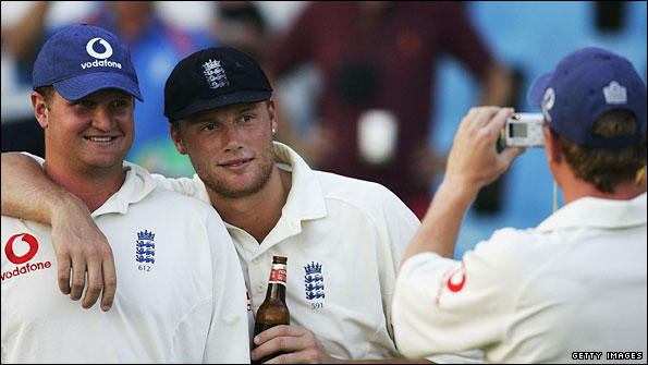 Rob Key and Andrew Flintoff pose for a photograph after England's Test series win in South Africa in 2005