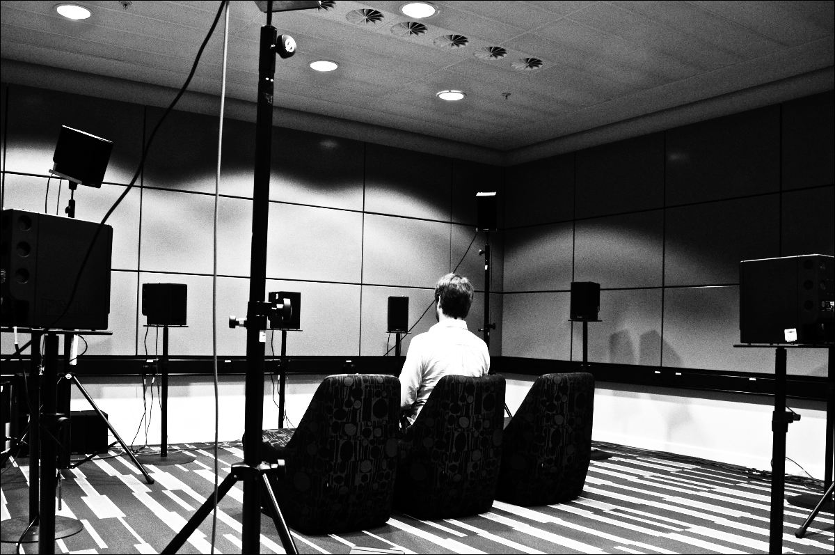 BBC R&D's new listening room at MediaCityUK, with a set of speakers for 3D sound tests