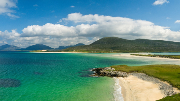Beach and green waters on the Isle of Harris in the Western Isles.