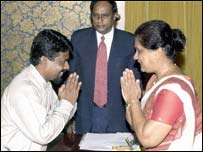 Dissanayake swearing-in as a minister in Kumaratunga administration