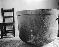 Black and white photograph showing a soup kitchen vat, Connemara, Galway