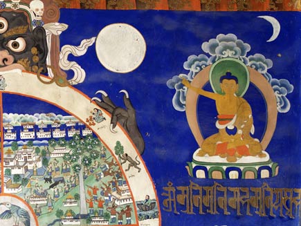 In the corner of the mural outside the wheel diagram is a picture of Buddha. He sits floating in the lotus position, pointing to the demon holding the wheel