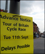 A road sign warns of delays for the race in 2007