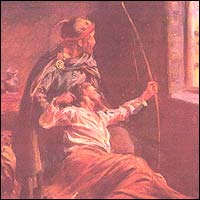 Artists impression of Robin Hood shooting his final arrow