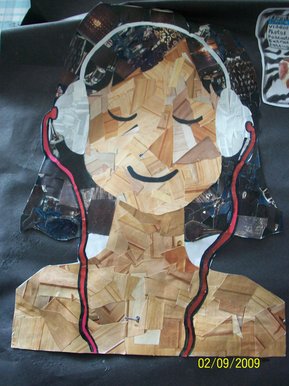 Collage of a girl listening to music