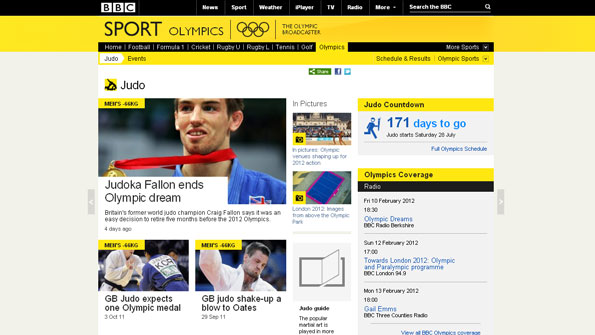 Screen grab of Judo page of London 2012 website with stories about Judo and related Olympic stories and features.