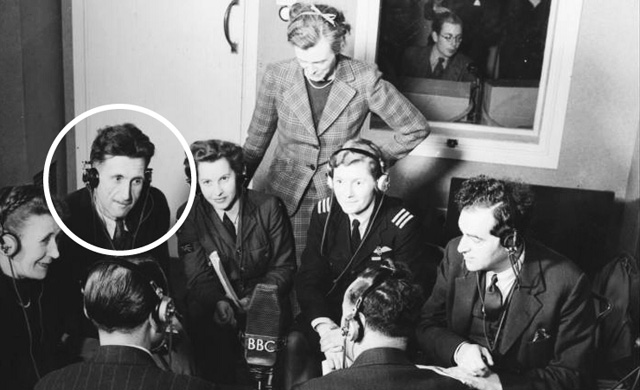 George Orwell (circled) at the recording of the BBC North American Service programme Answering You.