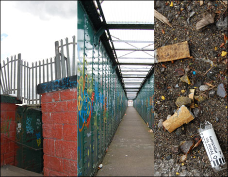 A montage showing a public footbridge with litter, including items used by intravenous drug users