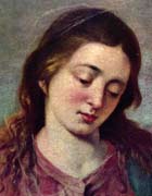 Mary depicted as a meek fair-skinned woman with long hair and downcast eyes