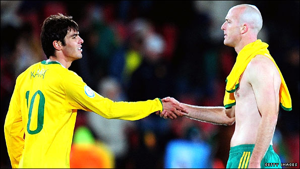 Booth shakes hands with Kaka after the Confederations Cup semi-final between South Africa and Brazil