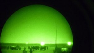The view through night vision goggles.