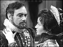 Conrad Phillips as The Duke of Norfolk and Stephanie Beacham as Mary in BBC drama The Queen's Traitor, 1967