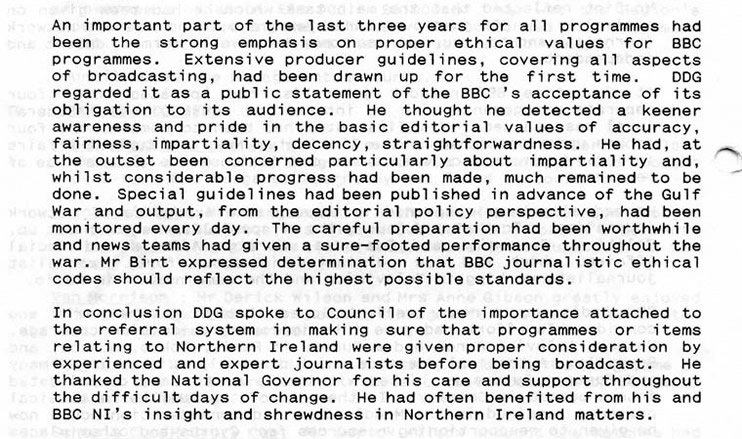 Extract of Minutes from Broadcasting Council Northern Ireland 23rd March 1991