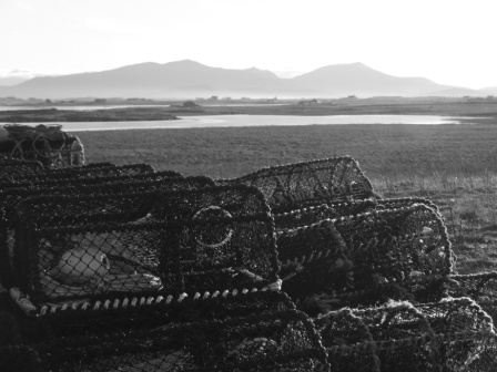 creels on croft, Benbecula. Hecla & Bheinn Mhor behind
