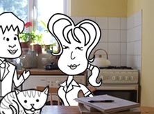 Tim, Alice and Kitty in the kitchen