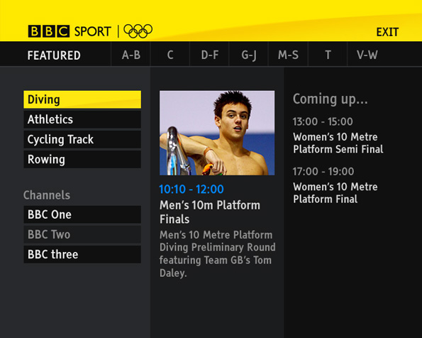 Page showing diving events: A-Z across the top, sports and channels down the left hand side, with a picture of Tom Daley in the main part of the screen.