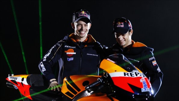 Casey Stoner of Australia (left) and team-mate Honda MotoGP rider Dani Pedrosa 
