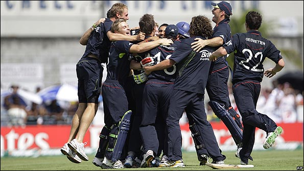 The victorious England team celebrate their World Twenty20 win