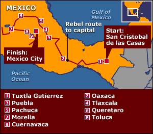 Trasa pochodu Zapatistů do hlavního města