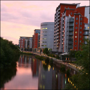 Dusk falls on the waterfront