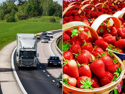 First half: Lorry on a motorway. Second half: Freshly picked strawberries in season