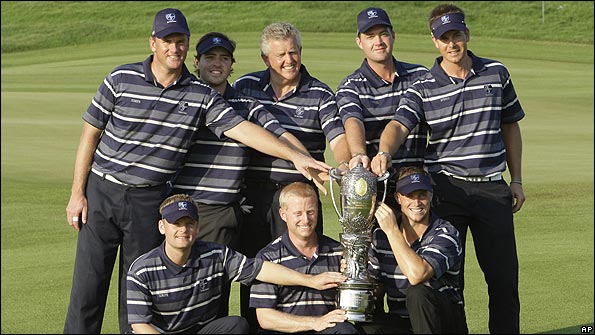 Europe's winning Royal Trophy team - Front row (left to right) Soren Kjeldsen, Simon Dyson Alexander Noren. Back row (left to right) Robert Karlsson, Pablo Martin, Colin Montgomerie, Peter Hanson, Henrik Stenson