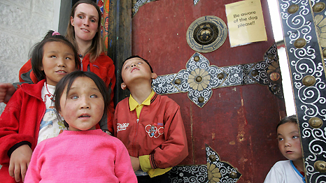 Sabriye Tenberken and blind students outside her training Centre for the Blind School in Tibet. Frederic J Brown/AFP/Getty