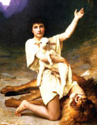 A young David holding a lamb in his arms with his knee on the throat of a dead lion