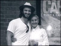 Aaron with Nana Viv outside Sadler's Wells during The Car Man