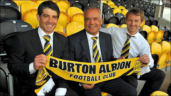 Paul Peschisolido (left) is unveiled as Burton manager, along with assistant Gary Rowett (right)