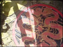 Oriental design painted on paving