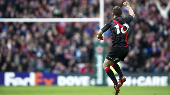 Edinburgh captain Greig Laidlaw celebrates following the Heineken Cup quarter-final victory against Toulouse