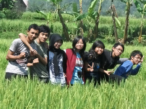 a group of young people in a paddy field